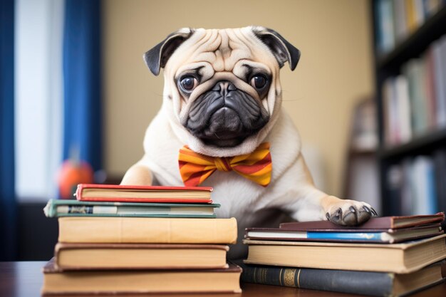 Foto pug en una pajarita al lado de una pila de libros