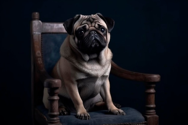 Pug sentado na cadeira antiga