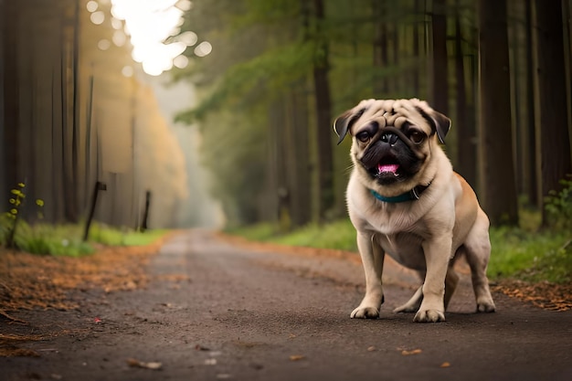 Un pug se sienta en un camino en el bosque con una cinta roja.