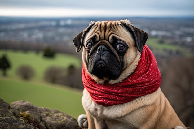 Pug con una vista Lindo canino en bufanda acogedora se sienta en la cima de una colina con vista a la ciudad IA generativa