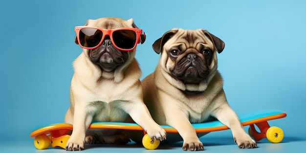 Pugs divertidos con gafas de sol en un coche de juguete sobre un fondo azul