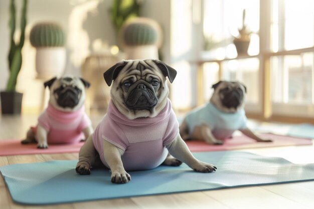 Pugs em trajes esportivos se envolvem em ioga focando em suas poses mostrando flexibilidade