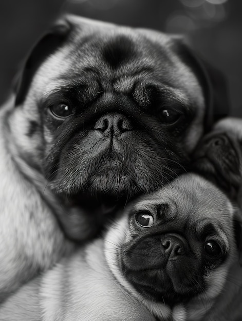 Pugs mit Welpen in einer engen Familie Porträt Eltern und Welpen teilen einen zarten Moment in Monochrom