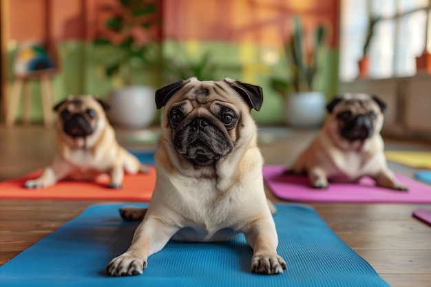 Foto pugs en trajes deportivos se involucran en el yoga centrándose en sus posturas que muestran flexibilidad