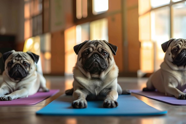 Pugs en trajes deportivos se involucran en el yoga centrándose en sus posturas que muestran flexibilidad