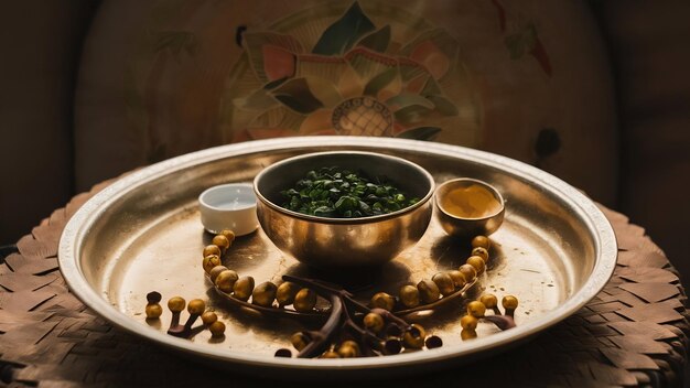 Foto puja o pooja thali para adorar a dios en la religión hindú