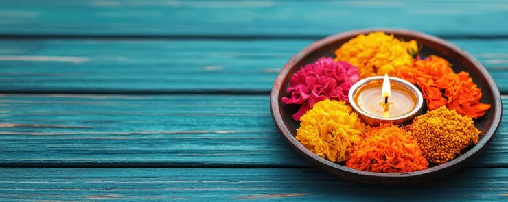 Puja Thali tradicional con diya rodeada de vibrantes caléndulas y otras flores que simbolizan la celebración y la espiritualidad