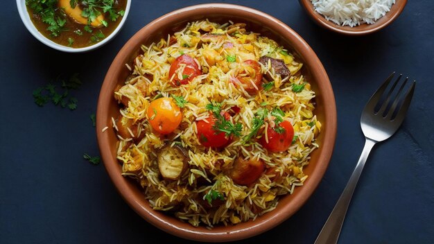 Pulav de verduras indias o biryani hecho con arroz basmati servido en un cuenco de terracota