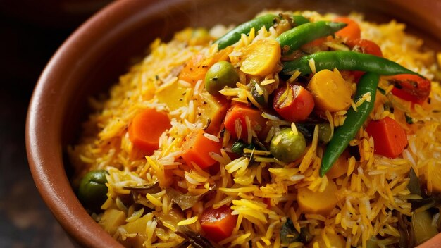 Foto pulav de verduras indias o biryani hecho con arroz basmati servido en un cuenco de terracota