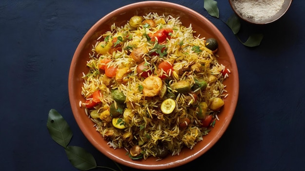 Pulav de verduras indias sabrosas o biryani de verduras hecho con arroz basmati y servido en una terracota o c