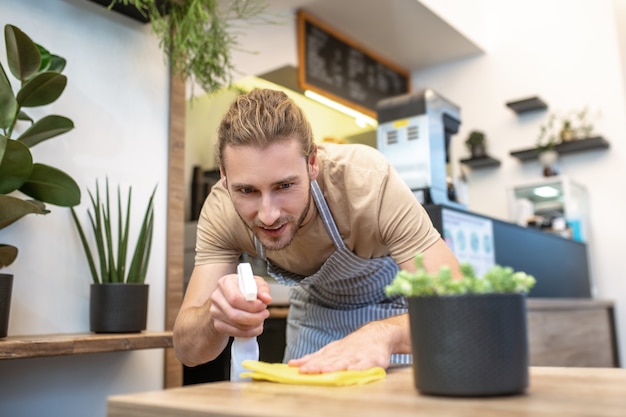 Foto pulcritud. atento joven barbudo en delantal de rayas mirando fijamente limpiando la superficie de la mesa en el café