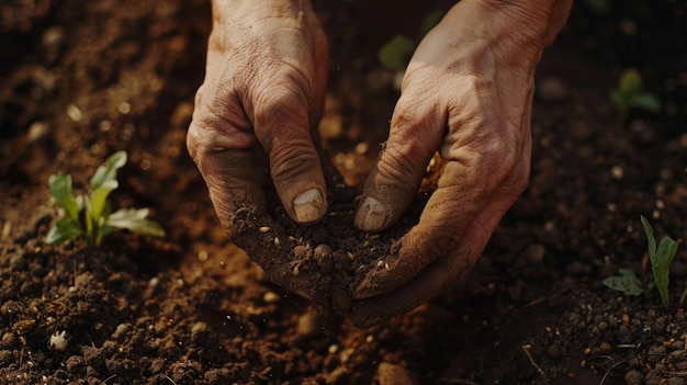 El pulgar presiona el suelo para plantar plantas terrestres en el paisaje