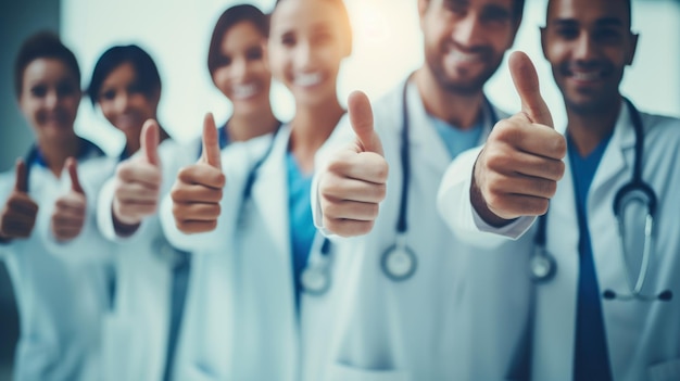 Foto pulgares arriba el éxito y el equipo de médicos para el apoyo de la atención médica gracias o excelencia en el hospital