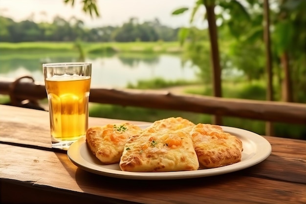 Pullapart Käse Brot mit Soda Getränk zum Mittagessen auf dem Holztisch und Natur im Freien Hintergrund