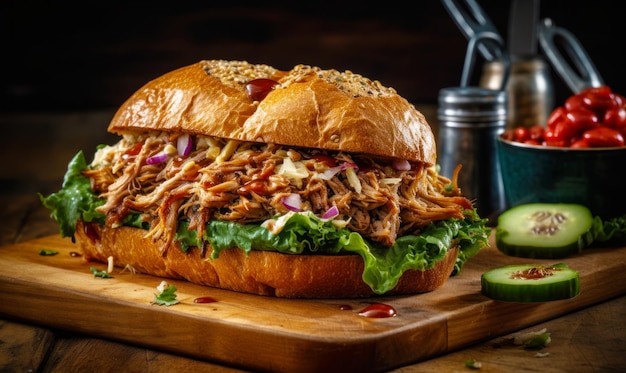 Pulled-Pork-Sandwich mit Salat und Zwiebeln auf Schneidebrett Generative AI