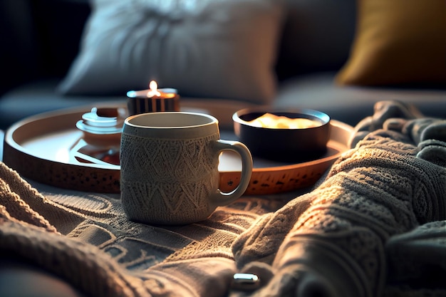 Pullover und Tasse Tee mit morgendlichem Hintergrund Illustration Generative AI