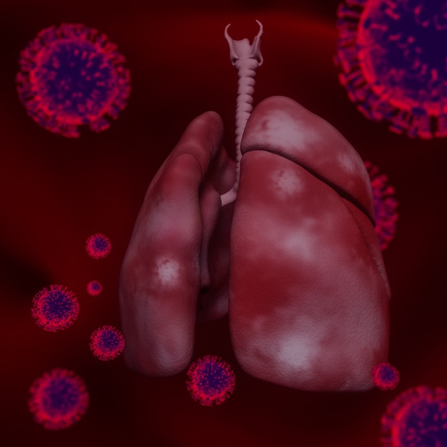 Foto pulmão com covid 19, coronavirus 2019-n, visão microscópica de células flutuantes do vírus da influenza. renderização em 3d.