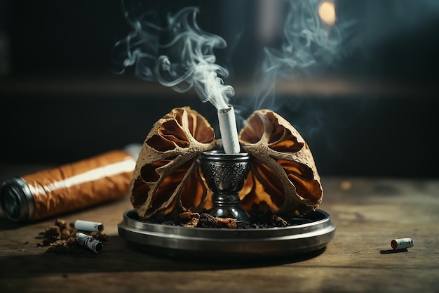 Pulmões num cinzeiro com um cigarro O conceito dos perigos de fumar