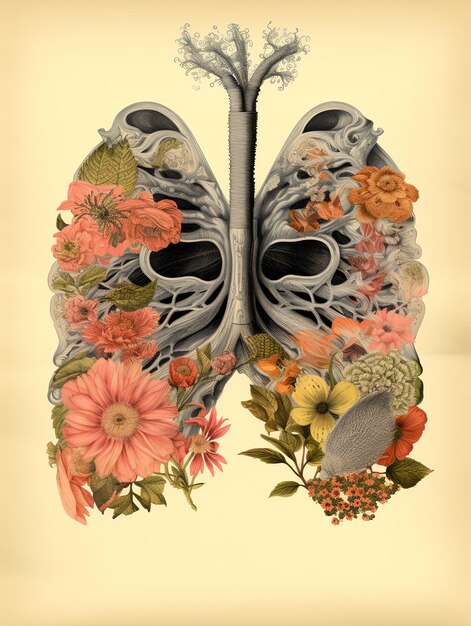 Foto pulmones florales en beige página de libro médico vintage para decoración de arte de pared o revista de basura