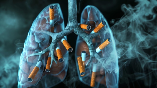 Los pulmones de los fumadores en el humo y los cigarrillos en las colillas de cigarrillos y la podredumbre destruyeron los pulmones del paciente pulmones cancerosos estilo de vida poco saludable nicotina