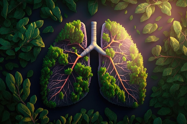 Pulmones con hojas verdes sobre fondo oscuro IA generativa