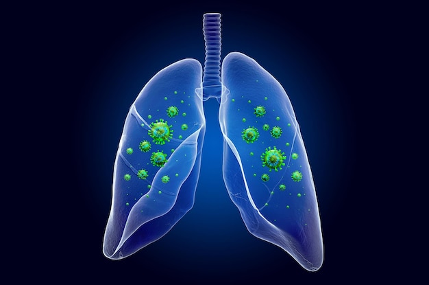 Pulmones con holograma de rayos X de efecto de luz fantasma de virus renderizado 3D