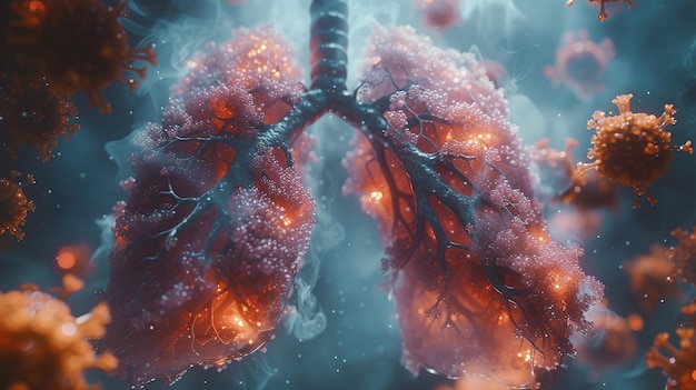 pulmones humanos en un fondo médico con células virales