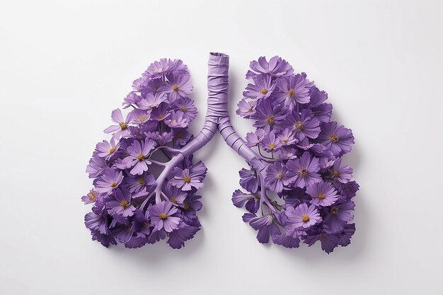 Pulmones humanos hechos con flores de campo púrpura sobre un fondo blanco Concepto mínimo de coronavirus o neumonía