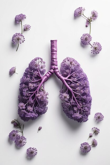 Pulmones humanos hechos con flores de campo púrpura sobre un fondo blanco Concepto mínimo de coronavirus o neumonía