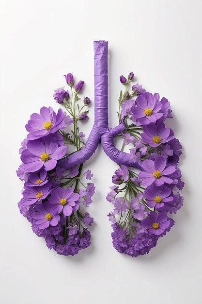 Pulmones humanos hechos con flores de campo púrpura sobre un fondo blanco Concepto mínimo de coronavirus o neumonía