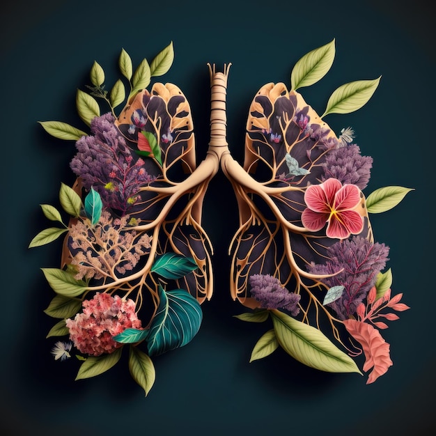 Pulmones humanos que consisten en ramas de árboles, hojas y flores IA generativa