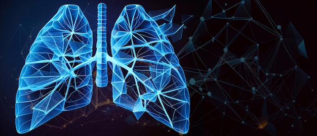 Pulmones. Imagen abstracta de los pulmones humanos en forma de cielo o espacio estrellado, que consta de puntos, líneas y formas en forma de planetas, estrellas y el universo. IA generativa