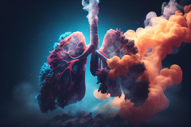 Pulmones malsanos respirando humo y contaminación generativa ai