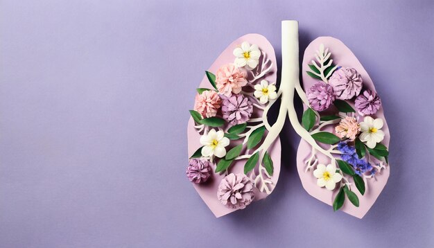 Pulmones de papel floreciendo Arte innovador en fondo púrpura para el Día Mundial contra la Tuberculosis y el Día sin Tabaco