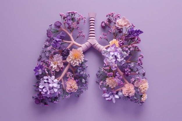 Pulmones de papel con flores en fondo lila para la conciencia de la salud