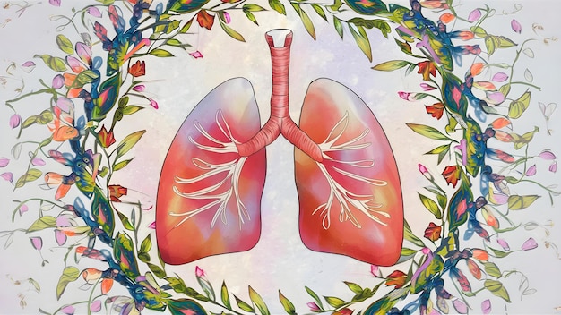 Pulmones sanos practicando la respiración con diseño floral Concepto de bienestar Técnicas de respiración de la naturaleza Diseño floral Estilo de vida saludable