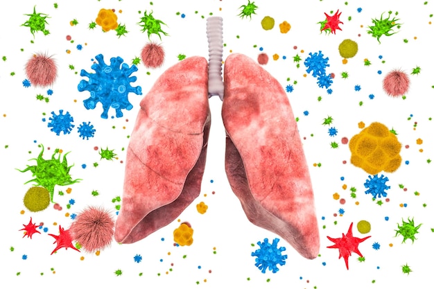 Pulmones con virus y bacterias Concepto de infección por enfermedad pulmonar Representación 3D