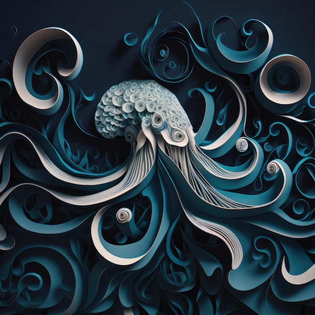 Pulpo 3d papel en capas arte ilustración pared cuadrada