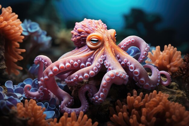 Pulpo agraciado bailando entre corales de colores en el fondo del mar generativo IA