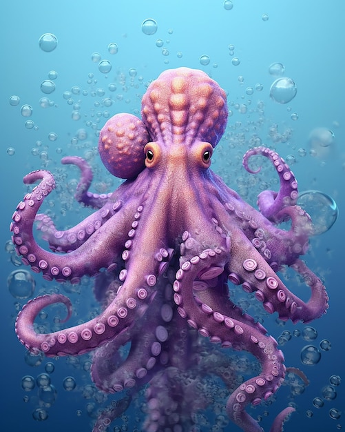 Un pulpo en el agua con un fondo azul.