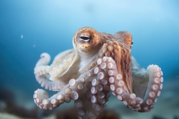 Un pulpo en el agua con un fondo azul.