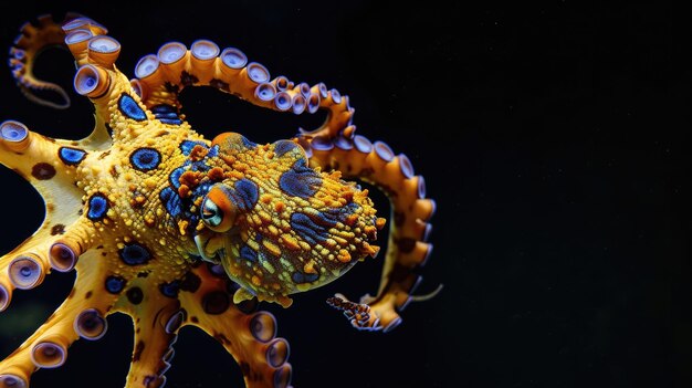 El pulpo de anillos azules en el fondo negro sólido