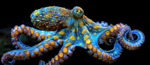 El pulpo azul y amarillo sobre un fondo negro