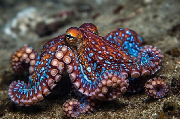 Foto un pulpo azul con un anillo rojo alrededor del ojo está sentado sobre una superficie arenosa.