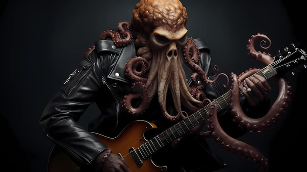 Foto el pulpo en la chaqueta de cuero de una estrella de rock con una guitarra