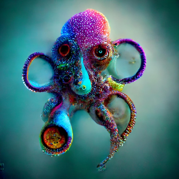 Un pulpo colorido con un anillo azul alrededor del ojo.