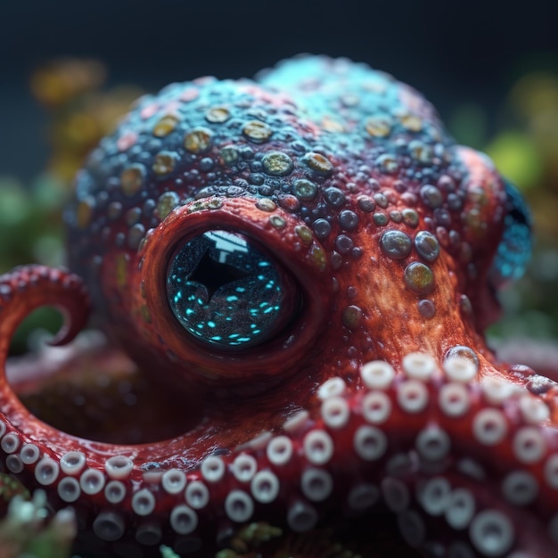 Un pulpo colorido con ojos azules y manchas azules.