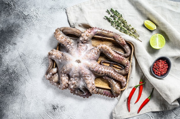 Pulpo crudo en un bol. Mariscos orgánicos