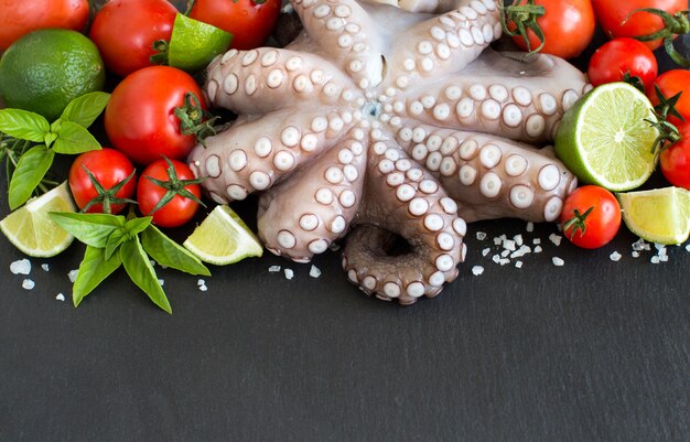 Foto pulpo crudo con lima, tomate y albahaca