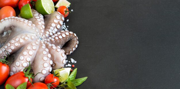 Foto pulpo crudo con limón, tomate y albahaca de cerca sobre una mesa oscura con espacio de copia